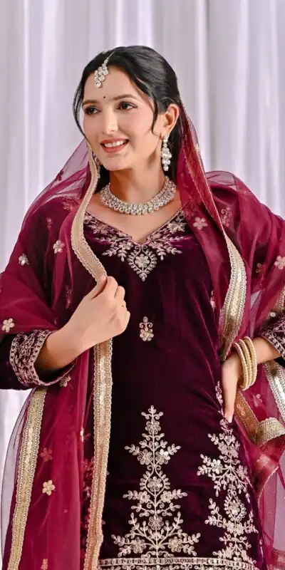 ND 5052 Maroon Viscous Velvet Salwar Suit Perfect for Wedding, Party, Reception, Eid, Temple Visit – . Introductory Price ₹2149. Delivery 4-6 Working | Jump Suits, Salwar suit, Casual Suits, Creative suits, Designer Suits, Palazzo Suits, Party Wear Suits, Patiala Suits, Straight Suits