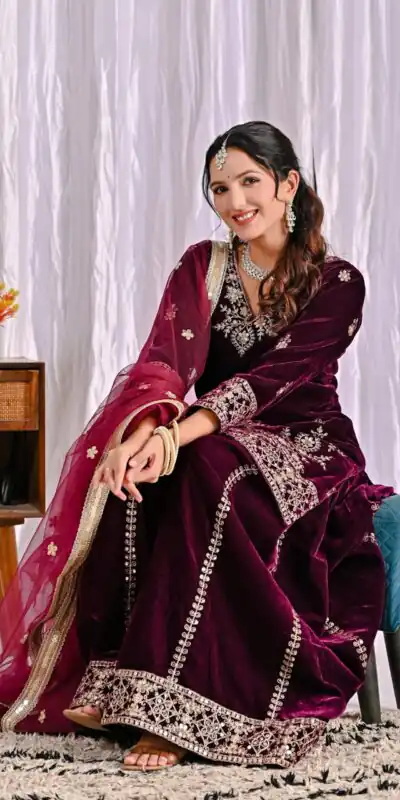 ND 5052 Maroon Viscous Velvet Salwar Suit Perfect for Wedding, Party, Reception, Eid, Temple Visit – . Introductory Price ₹2149. Delivery 4-6 Working | Jump Suits, Salwar suit, Casual Suits, Creative suits, Designer Suits, Palazzo Suits, Party Wear Suits, Patiala Suits, Straight Suits