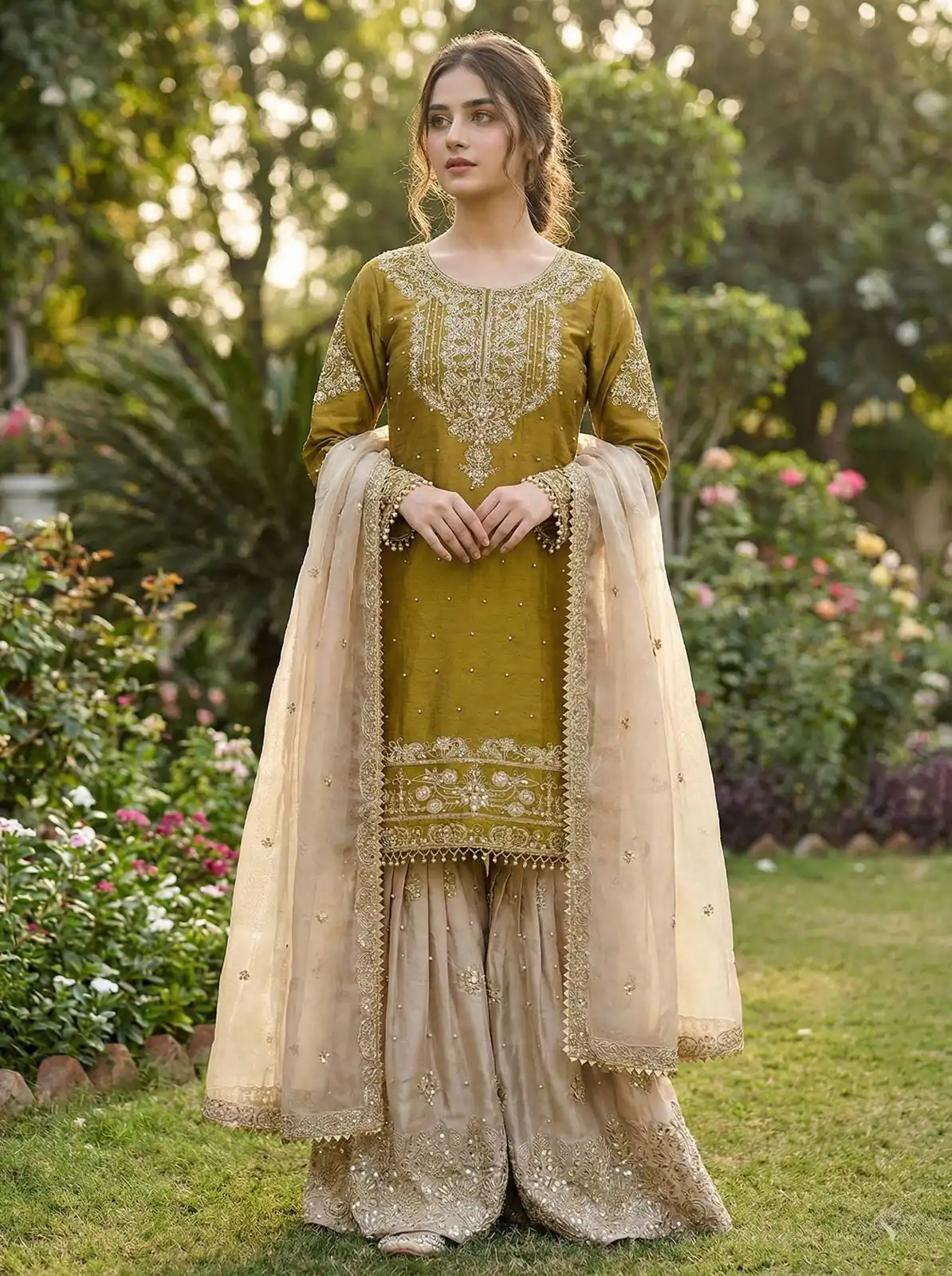 SR 1694 Mustered Organza Silk Salwar Suit with Embroidery Work & Lace Work. Exclusive Offer ₹1999. Delivery 4-6 Working Days. Shop now. | Jump Suits, Salwar suit, Casual Suits, Creative suits, Designer Suits, Palazzo Suits, Party Wear Suits, Patiala Suits, Straight Suits