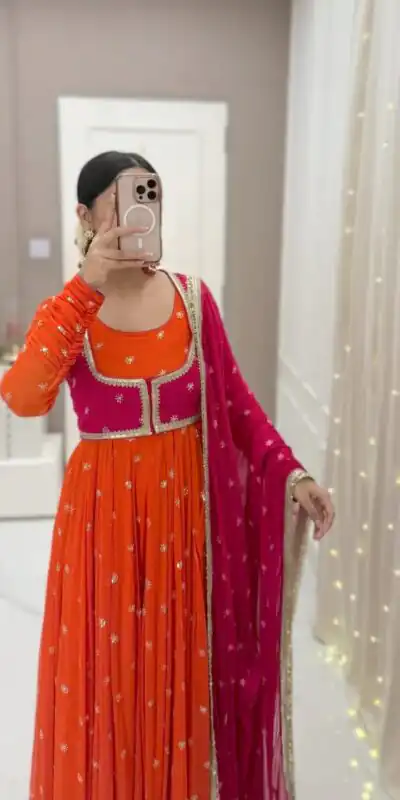 KD 1518 Orange Faux Georgette Salwar Suit Perfect for Wedding, Party, Raksha Bandhan, Housewarming, Bridal Wear – . Available at ₹2099 only. Delivery | Jump Suits, Salwar suit, Casual Suits, Creative suits, Designer Suits, Palazzo Suits, Party Wear Suits, Patiala Suits, Straight Suits