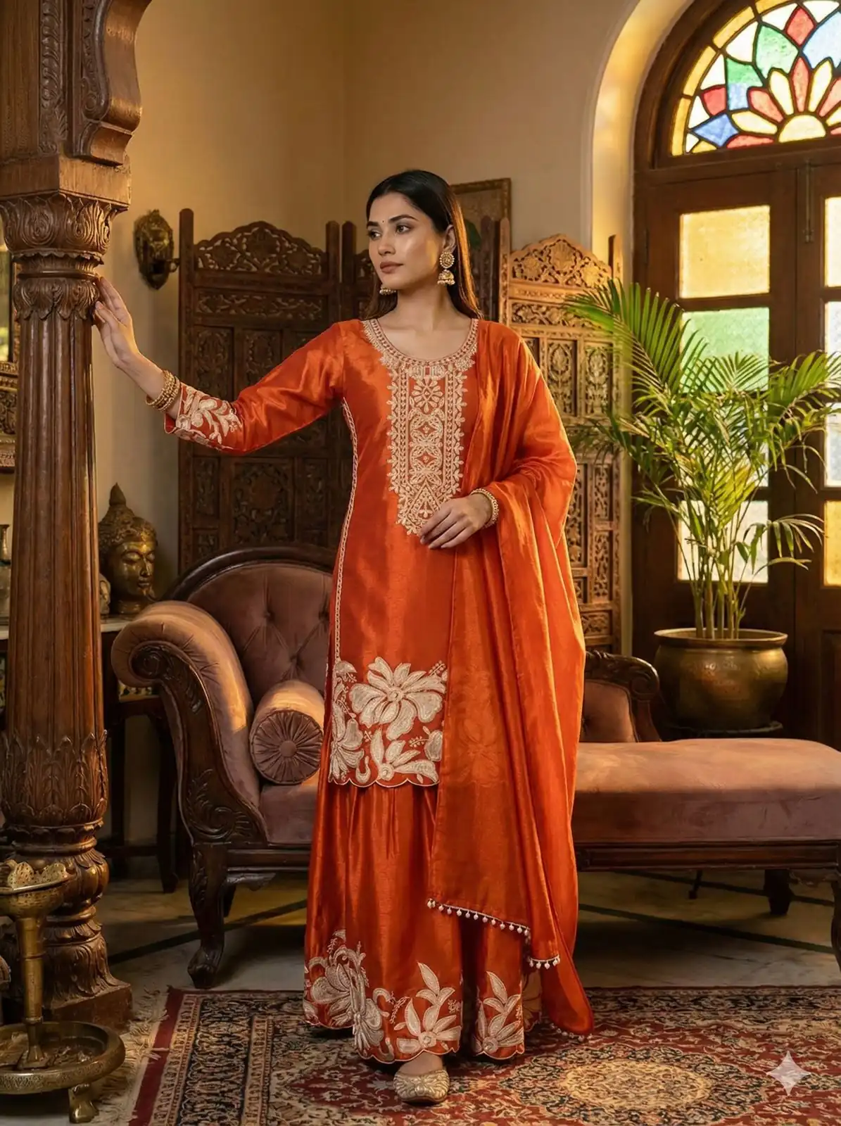 BE 442 Orange Organza Silk Salwar Suit with Embroidery Work & Cowrie Work. Grab it for ₹2049. Delivery 4-6 Working Days. Shop now. | Jump Suits, Salwar suit, Casual Suits, Creative suits, Designer Suits, Palazzo Suits, Party Wear Suits, Patiala Suits, Straight Suits