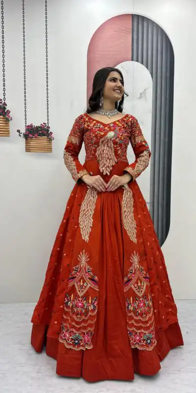 PC 528 Orange Vichitra Sequence Work Lehenga Choli Designer Work. Grab it for ₹2649. Delivery 4-6 Working Days. Shop now. | Lehenga, Bollywood Lehenga, Creative Lehenga, Designer Lehenga, Embroidered Lehenga, Party Wear Lehenga