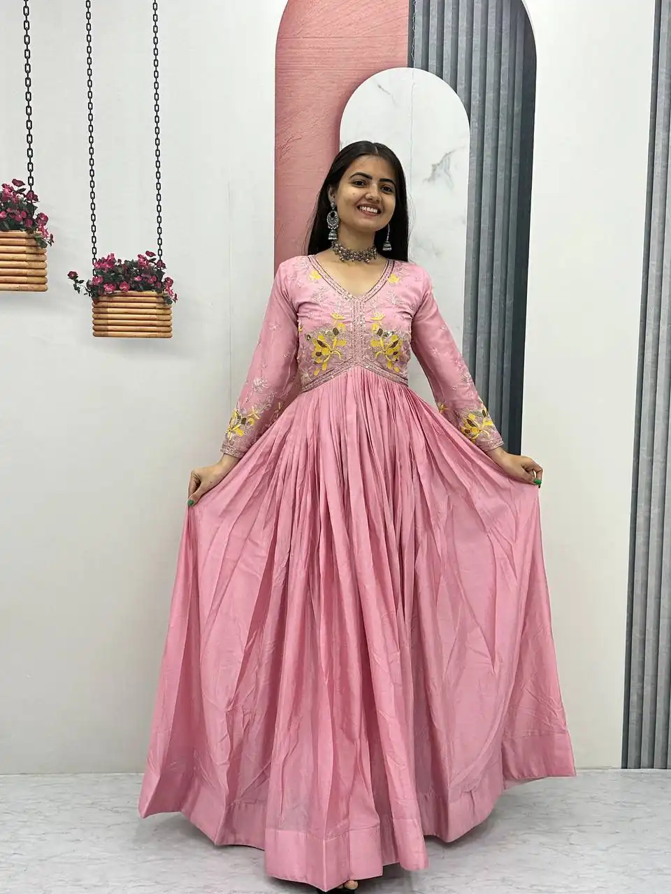 PC 542 Peach Color Chinon Gown with Thread & Embroidery Work. Available at ₹1749 only. Delivery 4-6 Working Days. Shop now. | Gowns, Bollywood Gowns, Creative Gowns, Designer Gowns, Embroidered Gowns, Party Wear Gowns