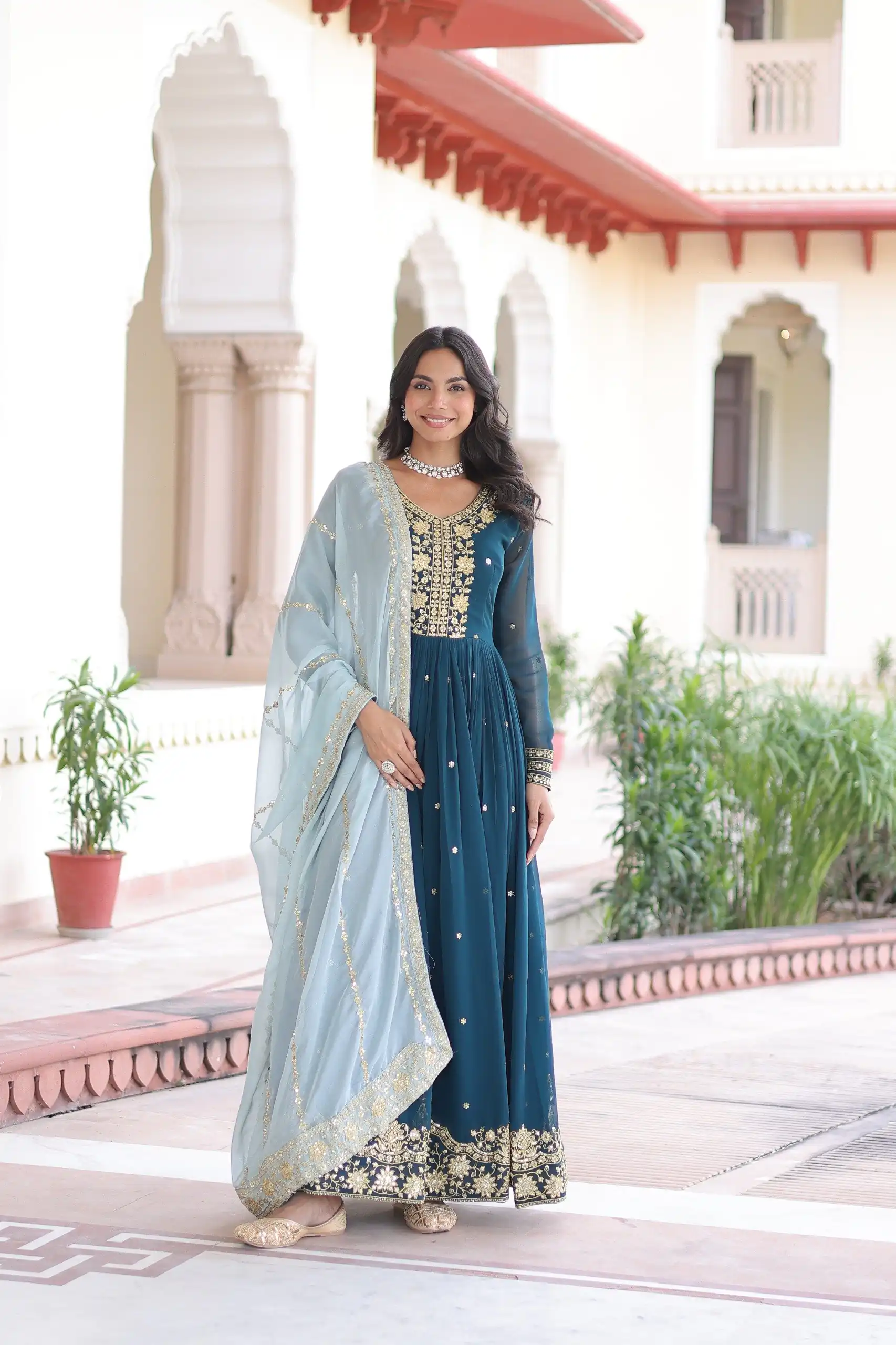 KA 1217 Peacock Blue Faux Georgette Sequence Work Gown Gown. Wedding, Party, Festive, Events Grab it for ₹2149. Delivery 4-6 Working Days. Shop now. | Gowns, Bollywood Gowns, Creative Gowns, Designer Gowns, Embroidered Gowns, Party Wear Gowns