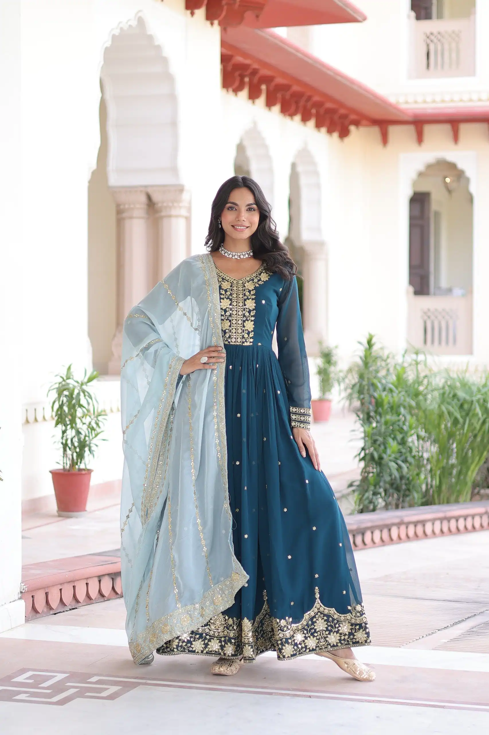 KA 1217 Peacock Blue Faux Georgette Sequence Work Gown Gown. Wedding, Party, Festive, Events Grab it for ₹2149. Delivery 4-6 Working Days. Shop now. | Gowns, Bollywood Gowns, Creative Gowns, Designer Gowns, Embroidered Gowns, Party Wear Gowns
