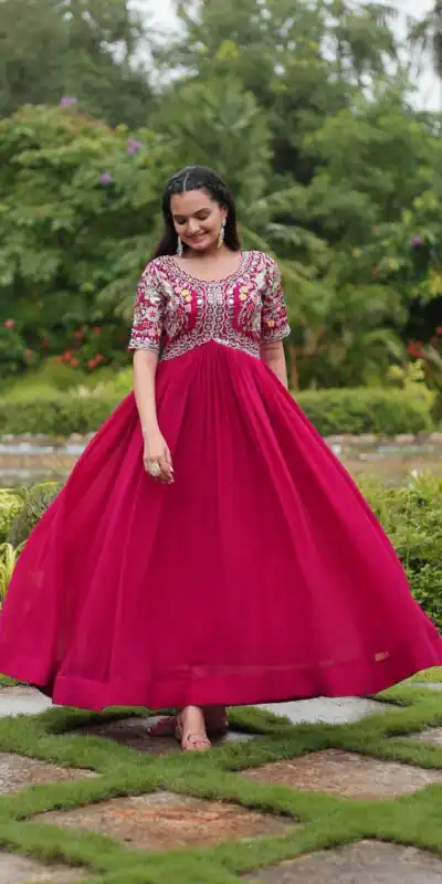 KA 1110 Pink Faux Blooming Gown Perfect for Wedding, Party, Holi, Lohri, Baby Shower – . Introductory Price ₹1649. Delivery 4-6 Working Days. Shop no | Gowns, Bollywood Gowns, Creative Gowns, Designer Gowns, Embroidered Gowns, Party Wear Gowns