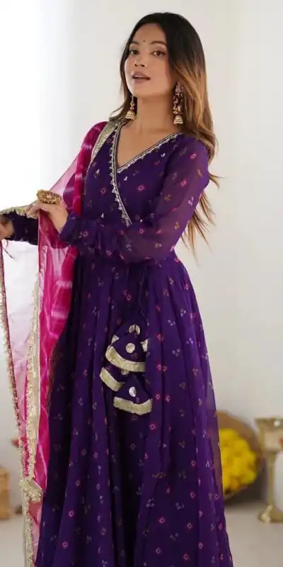 ST 1116 Purple Faux Georgette Gown with Digital Print & Embroidery Work. Exclusive Offer ₹1999. Delivery 4-6 Working Days. Shop now. | Gowns, Bollywood Gowns, Creative Gowns, Designer Gowns, Embroidered Gowns, Party Wear Gowns