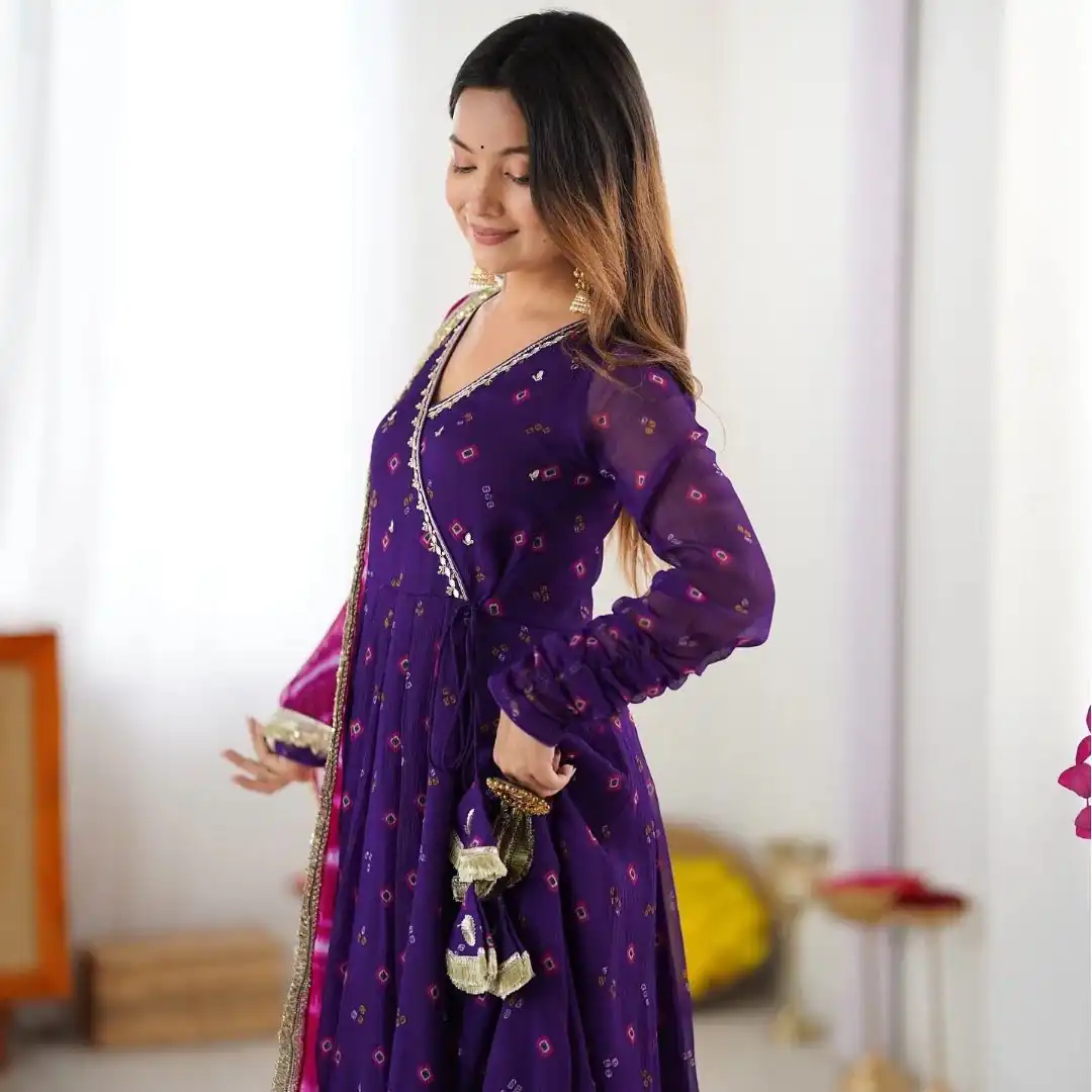 ST 1116 Purple Faux Georgette Gown with Digital Print & Embroidery Work. Exclusive Offer ₹1999. Delivery 4-6 Working Days. Shop now. | Gowns, Bollywood Gowns, Creative Gowns, Designer Gowns, Embroidered Gowns, Party Wear Gowns
