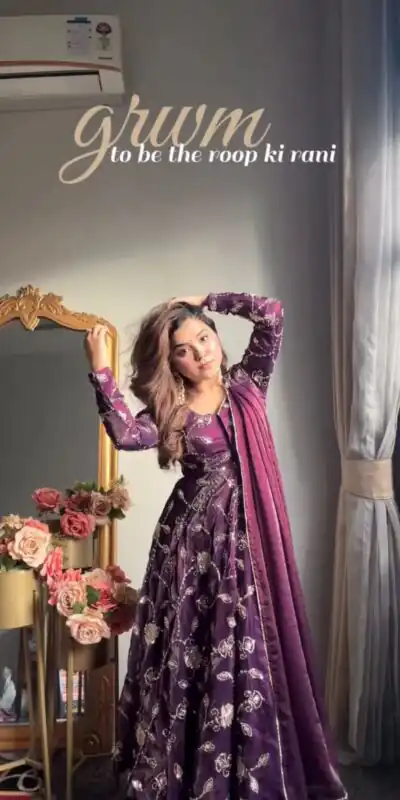 KD 1566 Purple Fendy Silk Gown Perfect for Wedding, Party, Pongal, Sangeet, Diwali – . Get it for ₹2499. Delivery 4-6 Working Days. Shop now. | Gowns, Bollywood Gowns, Creative Gowns, Designer Gowns, Embroidered Gowns, Party Wear Gowns