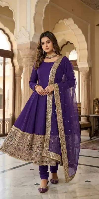 ZSR 3152 Purple Color Roman silk Gown with Embroidery Work & Lace Work. Grab it for ₹2599. Delivery 4-6 Working Days. Shop now. | Gowns, Bollywood Gowns, Creative Gowns, Designer Gowns, Embroidered Gowns, Party Wear Gowns