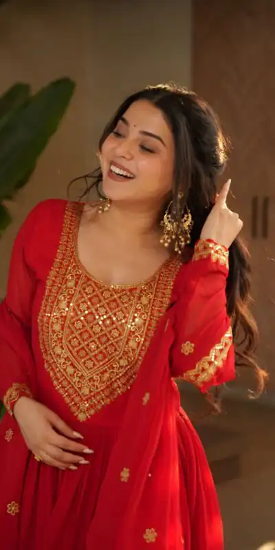 KA 1162 Red Faux Blooming Gown with Embroidery Work & Zari Work. Available at ₹2649 only. Delivery 4-6 Working Days. Shop now. | Gowns, Bollywood Gowns, Creative Gowns, Designer Gowns, Embroidered Gowns, Party Wear Gowns