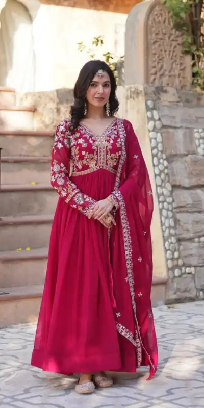 KA 1147 Red Faux Blooming Gown with Embroidery Work & Zari Work. Affordable Price ₹2049. Delivery 4-6 Working Days. Shop now. | Gowns, Bollywood Gowns, Creative Gowns, Designer Gowns, Embroidered Gowns, Party Wear Gowns