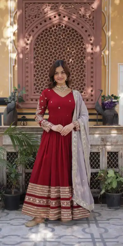 KA 1148 Red Color Faux Blooming Gown with Zari Work & Embroidery Work. Grab it for ₹1899. Delivery 4-6 Working Days. Shop now. | Gowns, Bollywood Gowns, Creative Gowns, Designer Gowns, Embroidered Gowns, Party Wear Gowns