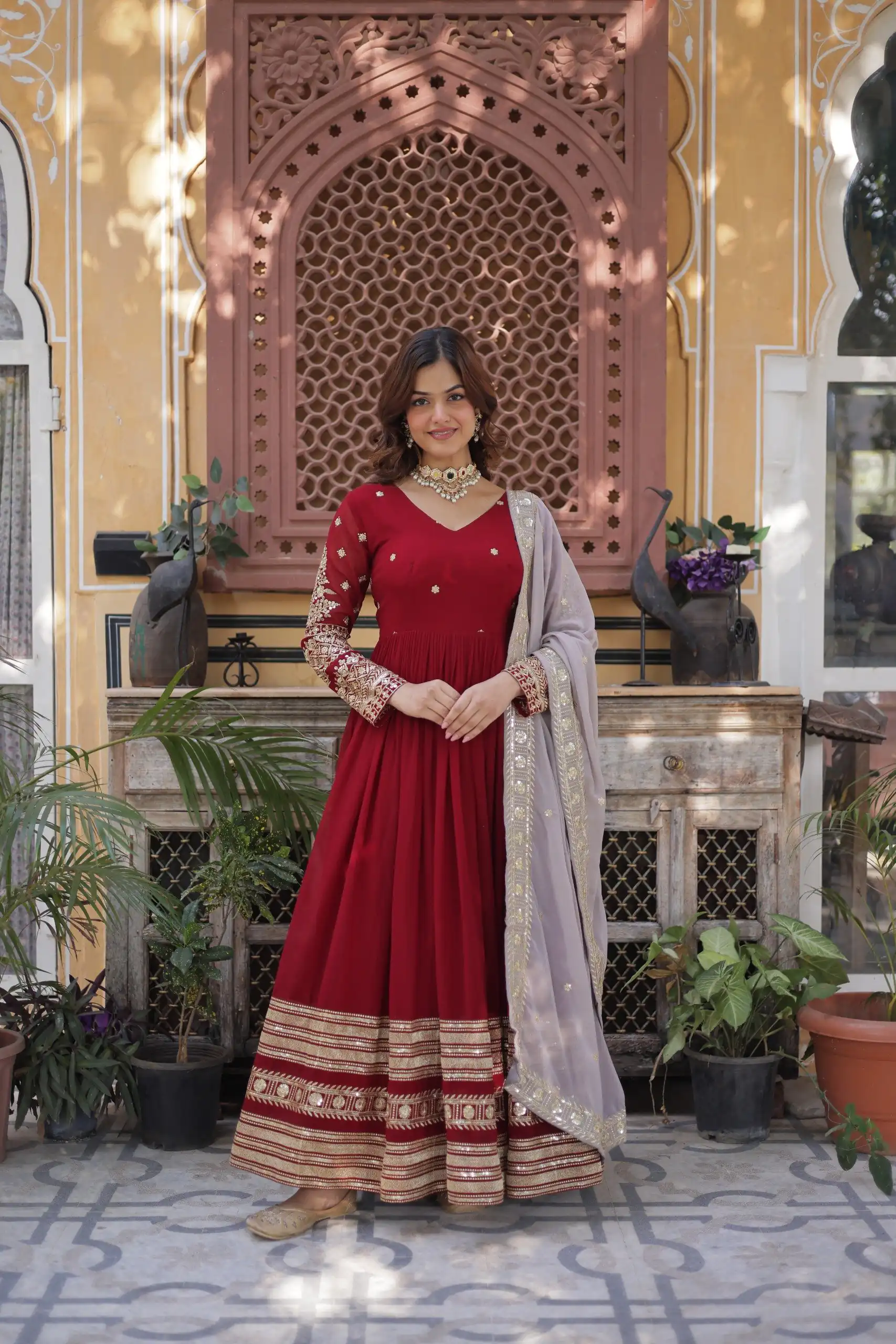 KA 1148 Red Color Faux Blooming Gown with Zari Work & Embroidery Work. Grab it for ₹1899. Delivery 4-6 Working Days. Shop now. | Gowns, Bollywood Gowns, Creative Gowns, Designer Gowns, Embroidered Gowns, Party Wear Gowns