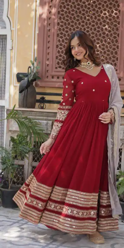 KA 1148 Red Color Faux Blooming Gown with Zari Work & Embroidery Work. Grab it for ₹1899. Delivery 4-6 Working Days. Shop now. | Gowns, Bollywood Gowns, Creative Gowns, Designer Gowns, Embroidered Gowns, Party Wear Gowns