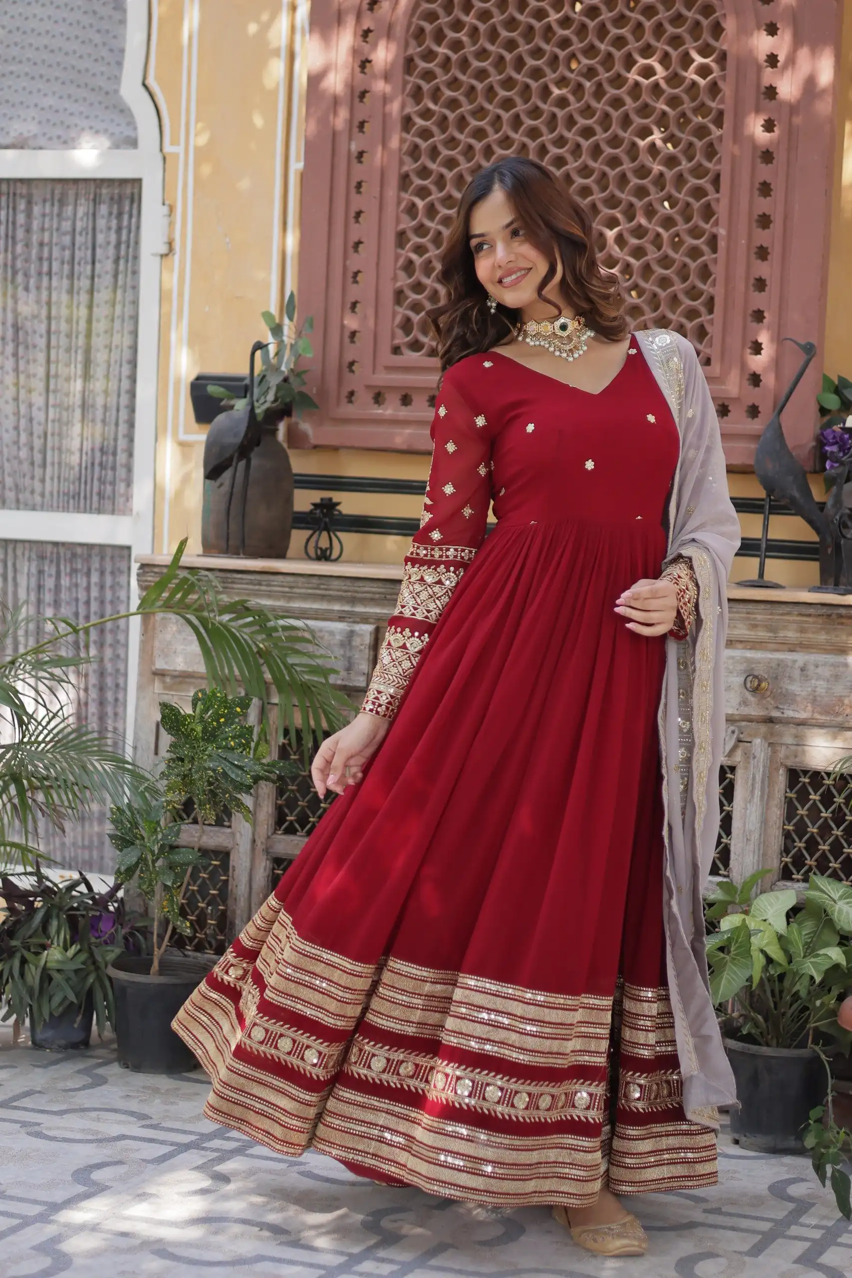 KA 1148 Red Color Faux Blooming Gown with Zari Work & Embroidery Work. Grab it for ₹1899. Delivery 4-6 Working Days. Shop now. | Gowns, Bollywood Gowns, Creative Gowns, Designer Gowns, Embroidered Gowns, Party Wear Gowns