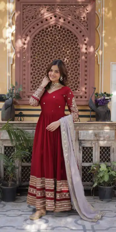 KA 1148 Red Color Faux Blooming Gown with Zari Work & Embroidery Work. Grab it for ₹1899. Delivery 4-6 Working Days. Shop now. | Gowns, Bollywood Gowns, Creative Gowns, Designer Gowns, Embroidered Gowns, Party Wear Gowns