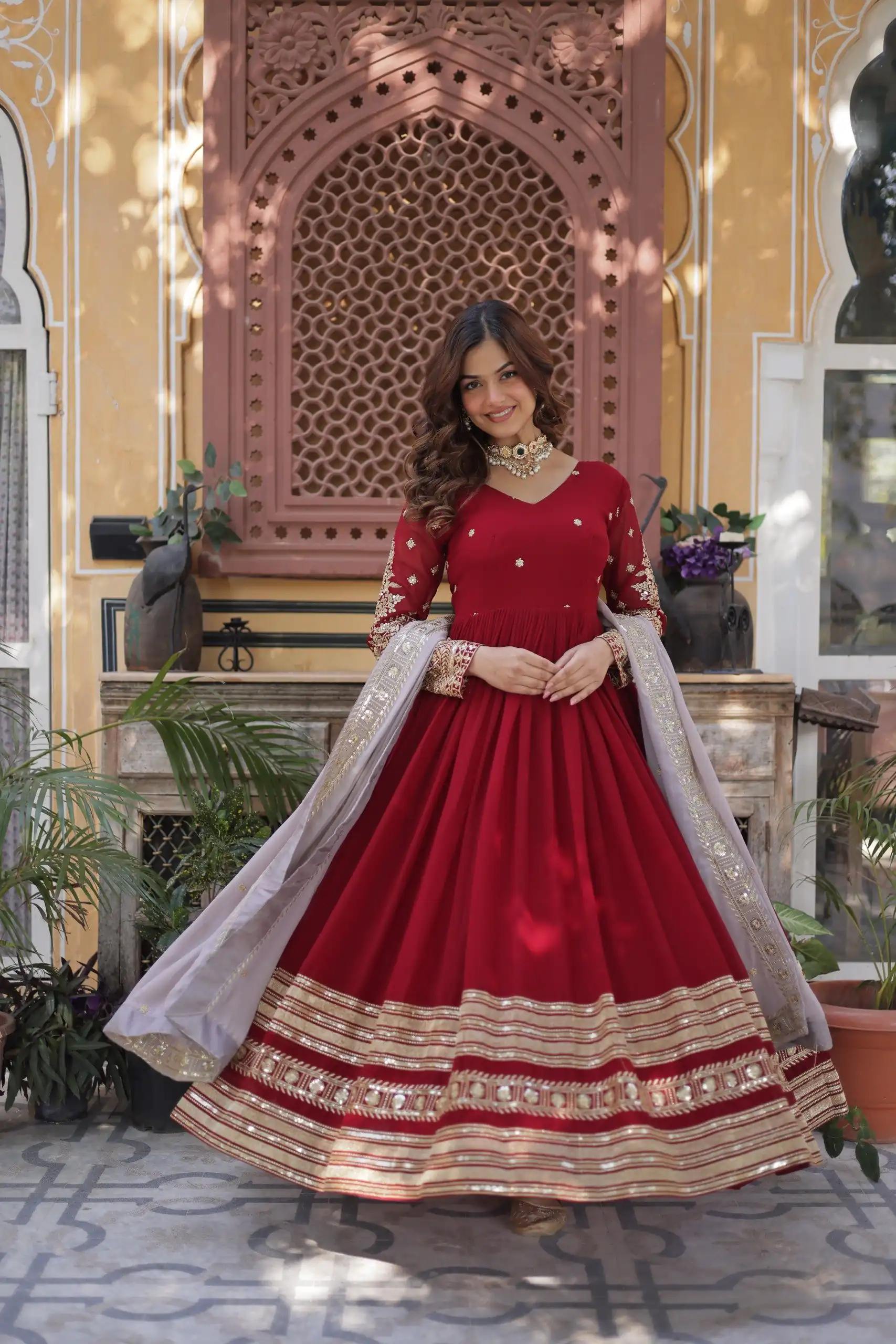 KA 1148 Red Color Faux Blooming Gown with Zari Work & Embroidery Work. Grab it for ₹1899. Delivery 4-6 Working Days. Shop now. | Gowns, Bollywood Gowns, Creative Gowns, Designer Gowns, Embroidered Gowns, Party Wear Gowns