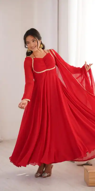 KB 291 Red Color Fox Blooming Georgette Gown with Lace Work. Affordable Price ₹1899. Delivery 4-6 Working Days. Shop now. | Gowns, Bollywood Gowns, Creative Gowns, Designer Gowns, Embroidered Gowns, Party Wear Gowns