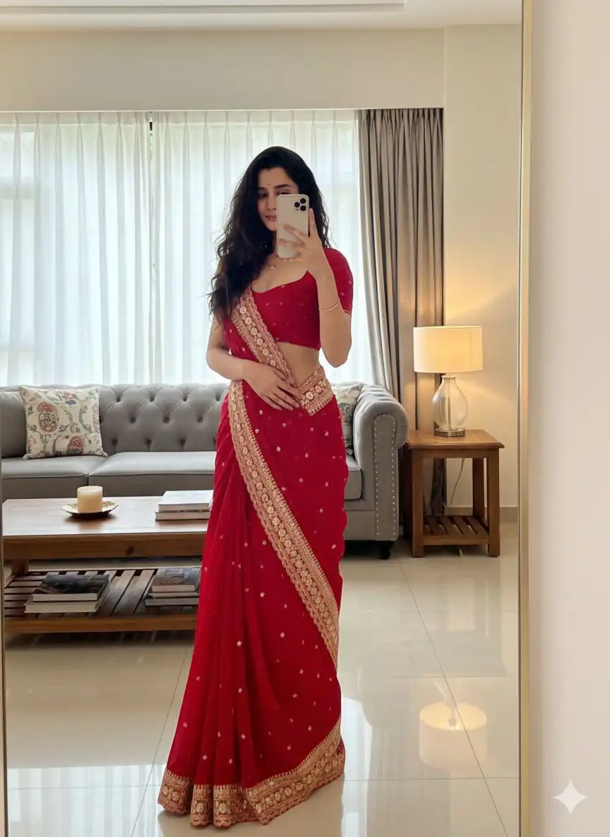 NC 5544 Red Color with Sequins & Embroidery Work Georgette Saree . Festive Deal ₹1949. Delivery 4-6 Working Days. Shop now. | Sarees, Bollywood Sarees, Creative Sarees, Designer Sarees, Embroidered Sarees, Ethnic Saree, Modern Digital sarees, Party Wear Sarees