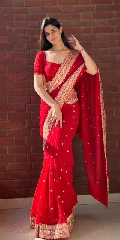 NC 5544 Red Color with Sequins & Embroidery Work Georgette Saree . Festive Deal ₹1949. Delivery 4-6 Working Days. Shop now. | Sarees, Bollywood Sarees, Creative Sarees, Designer Sarees, Embroidered Sarees, Ethnic Saree, Modern Digital sarees, Party Wear Sarees