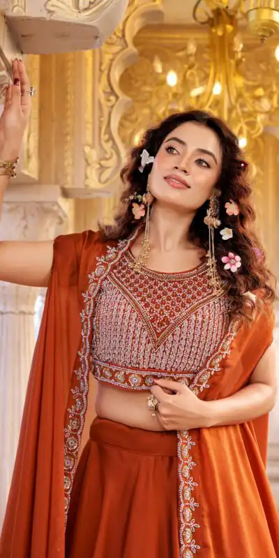 Ram 155 Rust in Color Rangoli Silk Embroidery Work Lehenga Choli . Exclusive Offer ₹3249. Delivery 4-6 Working Days. Shop now. | Lehenga, Bollywood Lehenga, Creative Lehenga, Designer Lehenga, Embroidered Lehenga, Party Wear Lehenga