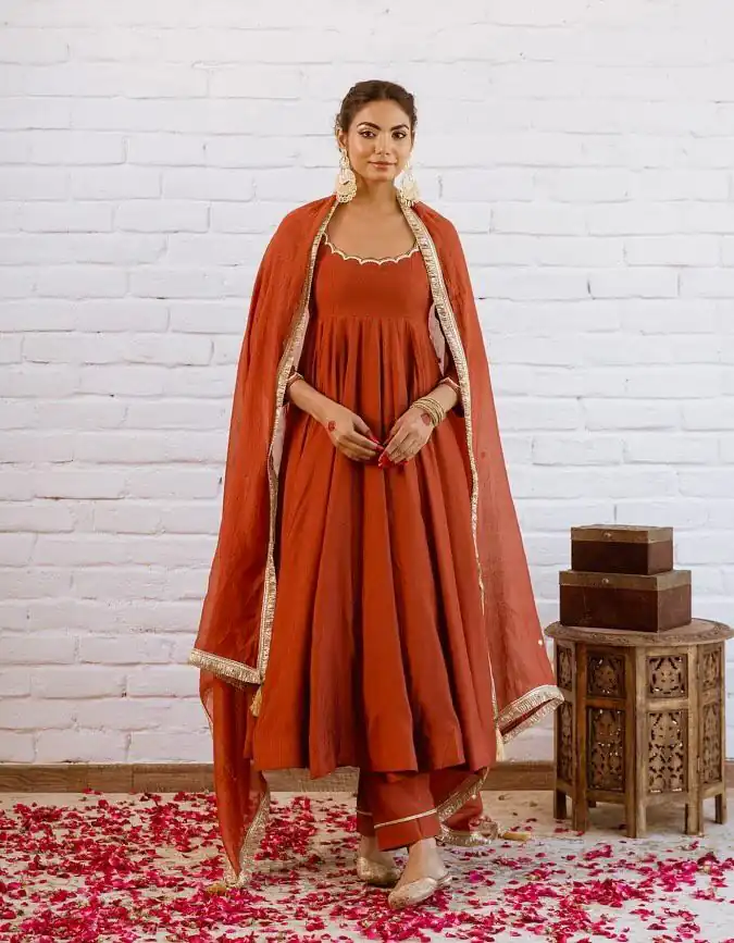 SRk 5324 Rust Color Vichitra silk Gown with Bead Work & Lace Work. Now at just ₹1849. Delivery 4-6 Working Days. Shop now. | Gowns, Bollywood Gowns, Creative Gowns, Designer Gowns, Embroidered Gowns, Party Wear Gowns
