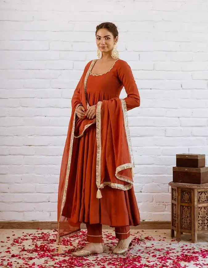 SRk 5324 Rust Color Vichitra silk Gown with Bead Work & Lace Work. Now at just ₹1849. Delivery 4-6 Working Days. Shop now. | Gowns, Bollywood Gowns, Creative Gowns, Designer Gowns, Embroidered Gowns, Party Wear Gowns