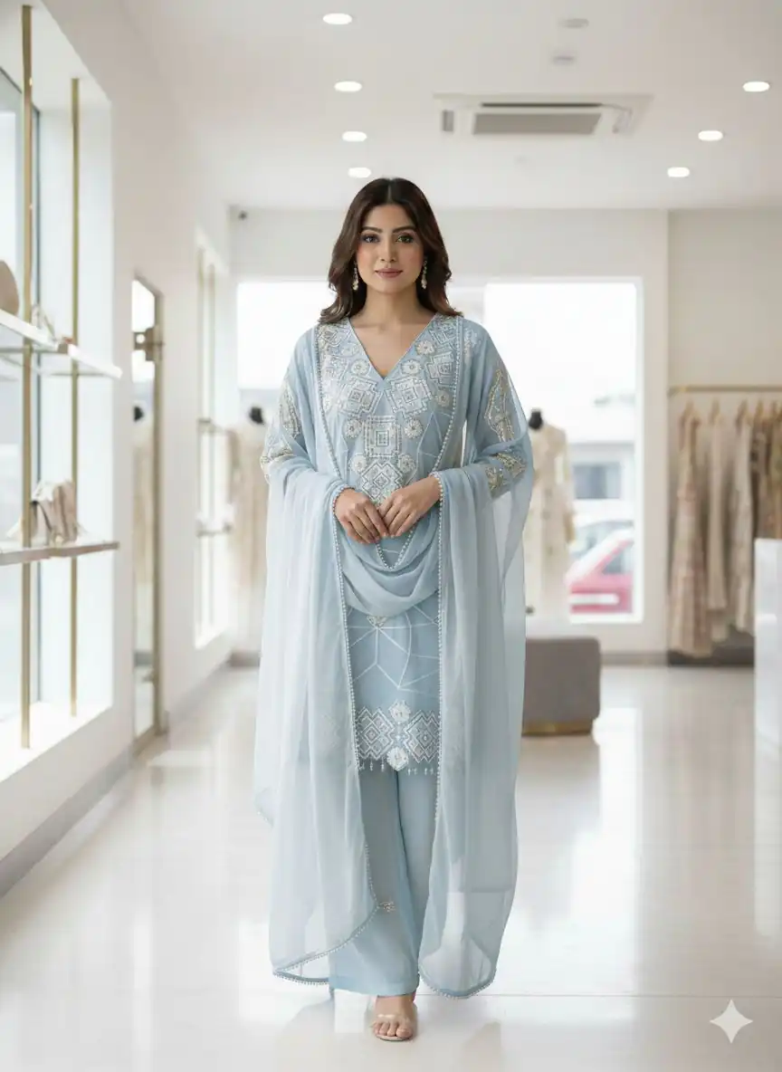 LG 2063 Sky Blue Faux Georgette Salwar Suit with Sequins Work & Embroidery Work. Introductory Price ₹2149. Delivery 4-6 Working Days. Shop now. | Jump Suits, Salwar suit, Casual Suits, Creative suits, Designer Suits, Palazzo Suits, Party Wear Suits, Patiala Suits, Straight Suits