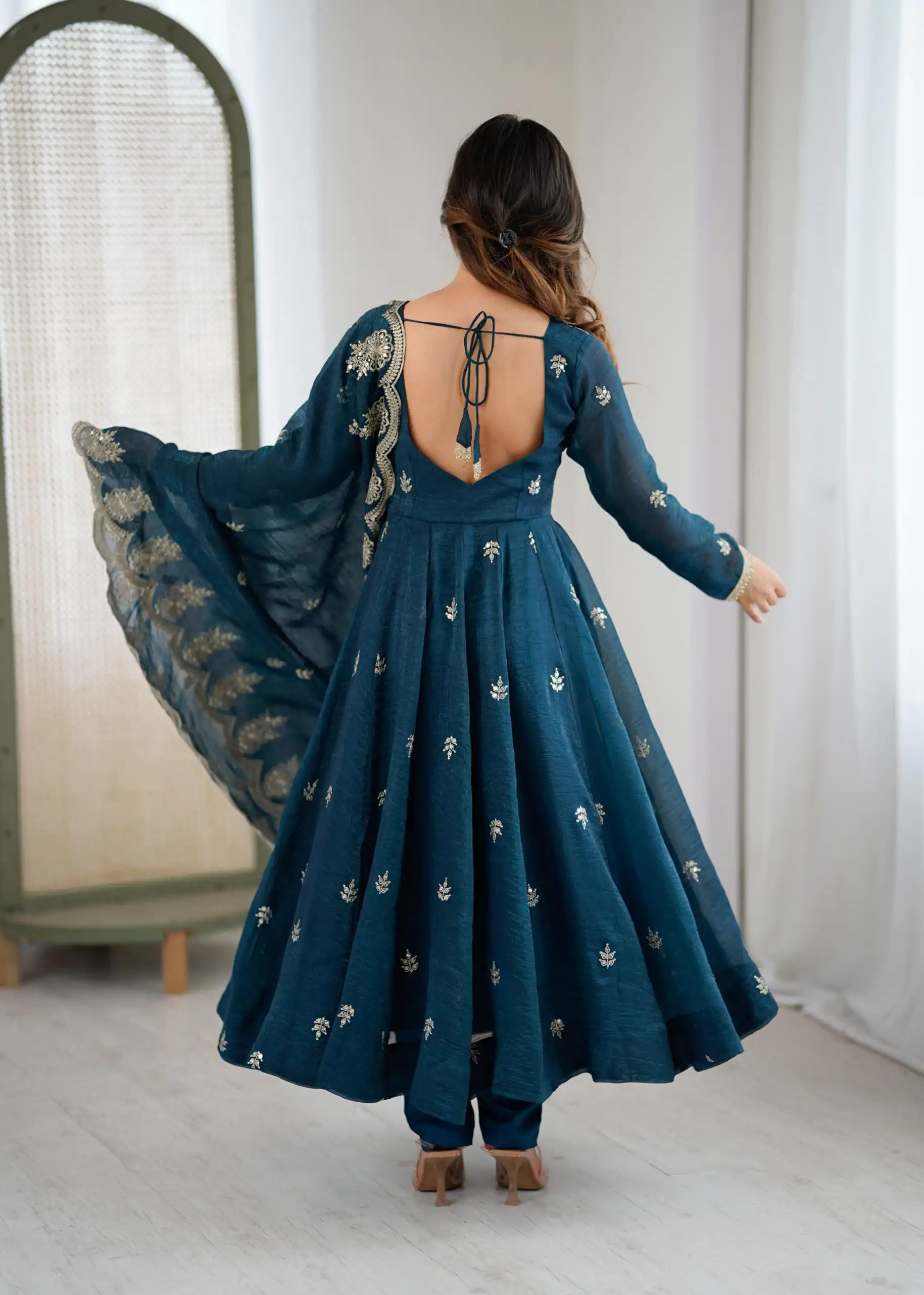 ZF 5011 Teal Crunchy Silk Gown with Embroidery Work. Wedding, Party, Festive, Events Best Price ₹2099. Delivery 4-6 Working Days. Shop now. | Gowns, Bollywood Gowns, Creative Gowns, Designer Gowns, Embroidered Gowns, Party Wear Gowns
