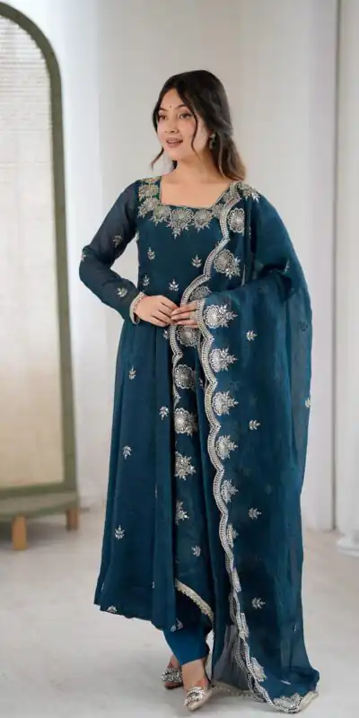 ZF 5011 Teal Crunchy Silk Gown with Embroidery Work. Wedding, Party, Festive, Events Best Price ₹2099. Delivery 4-6 Working Days. Shop now. | Gowns, Bollywood Gowns, Creative Gowns, Designer Gowns, Embroidered Gowns, Party Wear Gowns