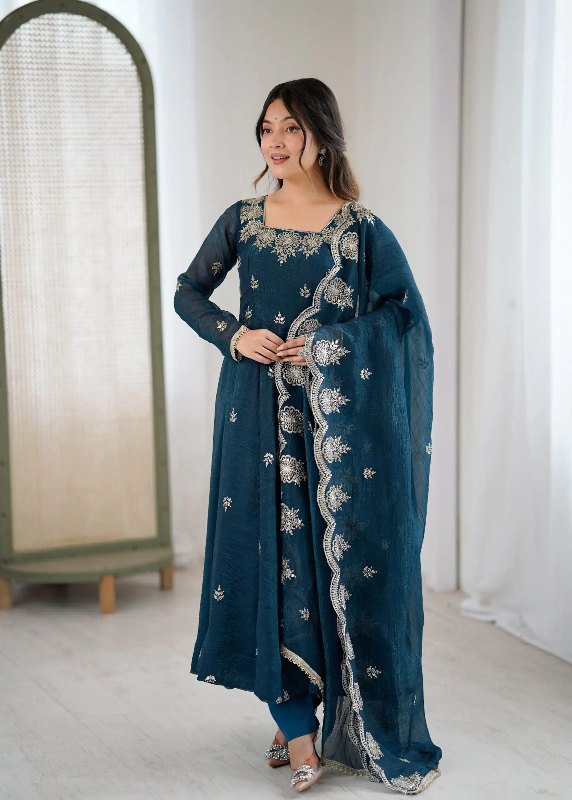ZF 5011 Teal Crunchy Silk Gown with Embroidery Work. Wedding, Party, Festive, Events Best Price ₹2099. Delivery 4-6 Working Days. Shop now. | Gowns, Bollywood Gowns, Creative Gowns, Designer Gowns, Embroidered Gowns, Party Wear Gowns
