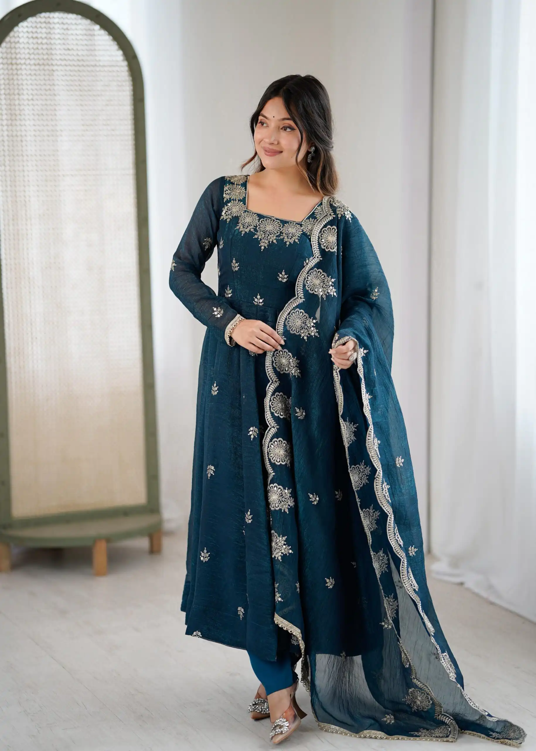 ZF 5011 Teal Crunchy Silk Gown with Embroidery Work. Wedding, Party, Festive, Events Best Price ₹2099. Delivery 4-6 Working Days. Shop now. | Gowns, Bollywood Gowns, Creative Gowns, Designer Gowns, Embroidered Gowns, Party Wear Gowns