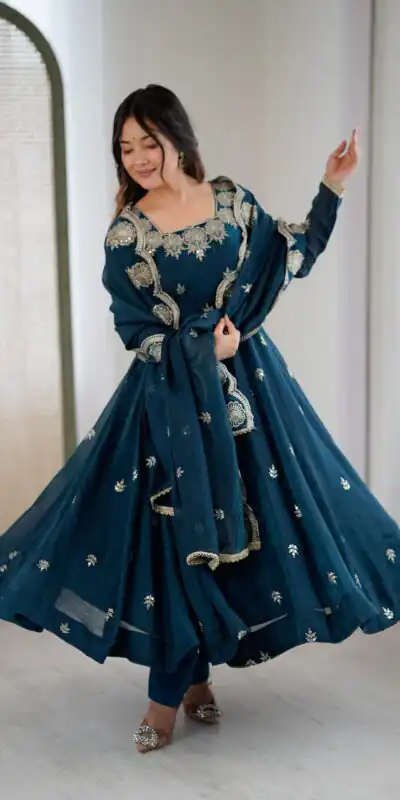 ZF 5011 Teal Crunchy Silk Gown with Embroidery Work. Wedding, Party, Festive, Events Best Price ₹2099. Delivery 4-6 Working Days. Shop now. | Gowns, Bollywood Gowns, Creative Gowns, Designer Gowns, Embroidered Gowns, Party Wear Gowns