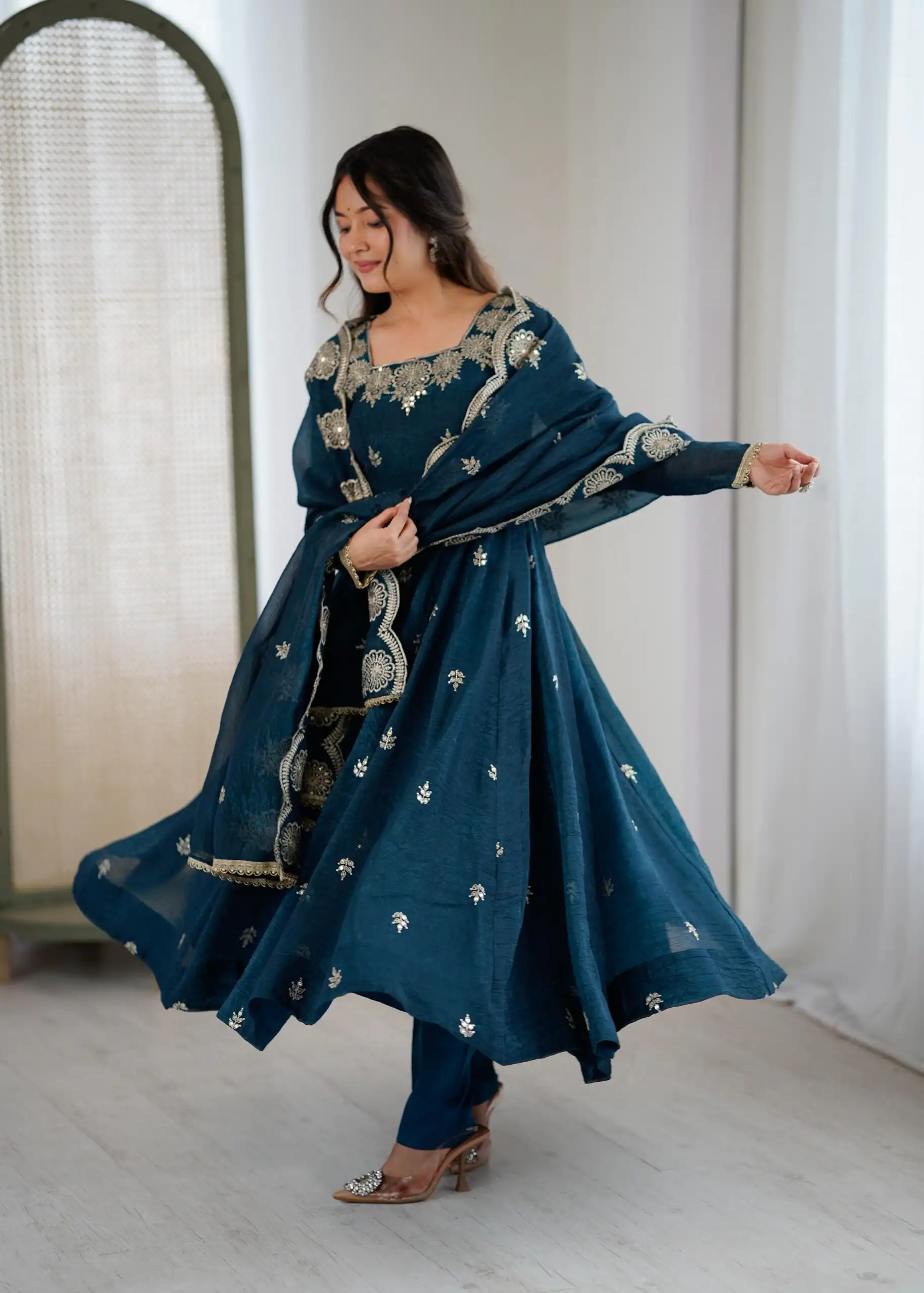 ZF 5011 Teal Crunchy Silk Gown with Embroidery Work. Wedding, Party, Festive, Events Best Price ₹2099. Delivery 4-6 Working Days. Shop now. | Gowns, Bollywood Gowns, Creative Gowns, Designer Gowns, Embroidered Gowns, Party Wear Gowns