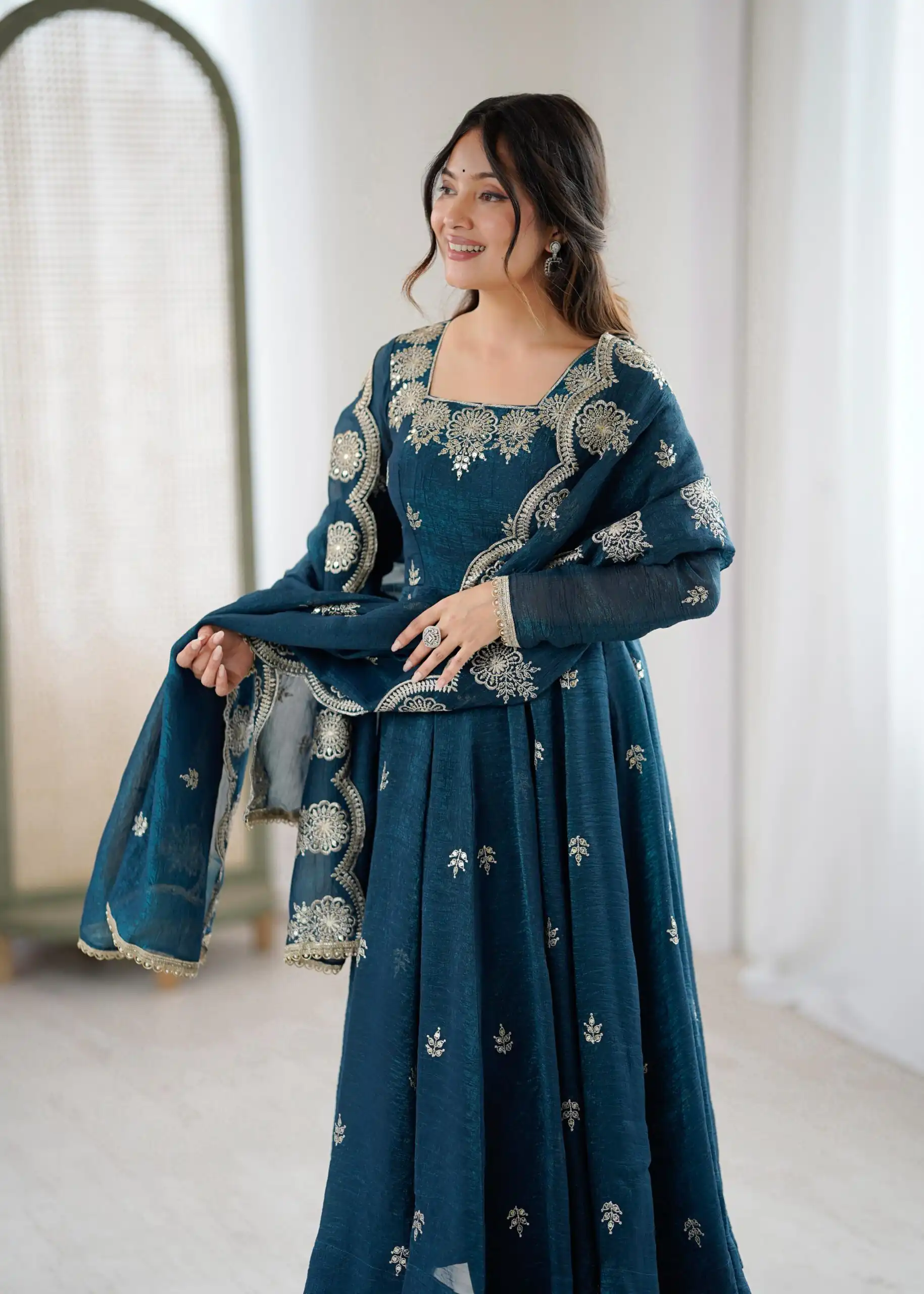 ZF 5011 Teal Crunchy Silk Gown with Embroidery Work. Wedding, Party, Festive, Events Best Price ₹2099. Delivery 4-6 Working Days. Shop now. | Gowns, Bollywood Gowns, Creative Gowns, Designer Gowns, Embroidered Gowns, Party Wear Gowns