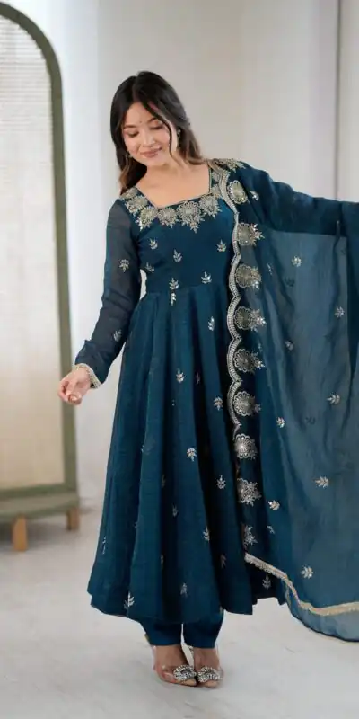 ZF 5011 Teal Crunchy Silk Gown with Embroidery Work. Wedding, Party, Festive, Events Best Price ₹2099. Delivery 4-6 Working Days. Shop now. | Gowns, Bollywood Gowns, Creative Gowns, Designer Gowns, Embroidered Gowns, Party Wear Gowns