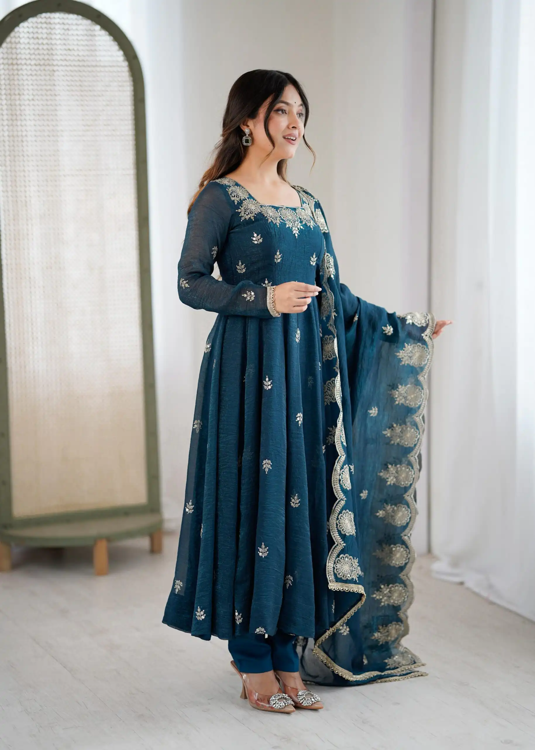 ZF 5011 Teal Crunchy Silk Gown with Embroidery Work. Wedding, Party, Festive, Events Best Price ₹2099. Delivery 4-6 Working Days. Shop now. | Gowns, Bollywood Gowns, Creative Gowns, Designer Gowns, Embroidered Gowns, Party Wear Gowns
