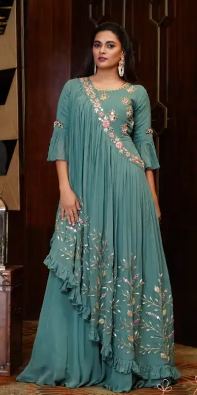 KT 190 Teal in Georgette. Mirror Work & Lace Work Gown Wedding, Party, Festive, Events, Now at just ₹1949. Delivery 4-6 Working Days. Shop now. | Gowns, Bollywood Gowns, Creative Gowns, Designer Gowns, Embroidered Gowns, Party Wear Gowns