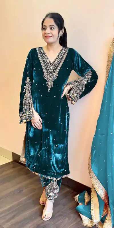 AD 134 Teal Color Heavy Pure Viscose Velvet Embroidery Sharara Suit Wedding, Party, Festive, Events Etc. Expected Delivery  4-6 Working Days @2099/- | Jump Suits, Salwar suit, Casual Suits, Creative suits, Designer Suits, Palazzo Suits, Party Wear Suits, Patiala Suits, Straight Suits