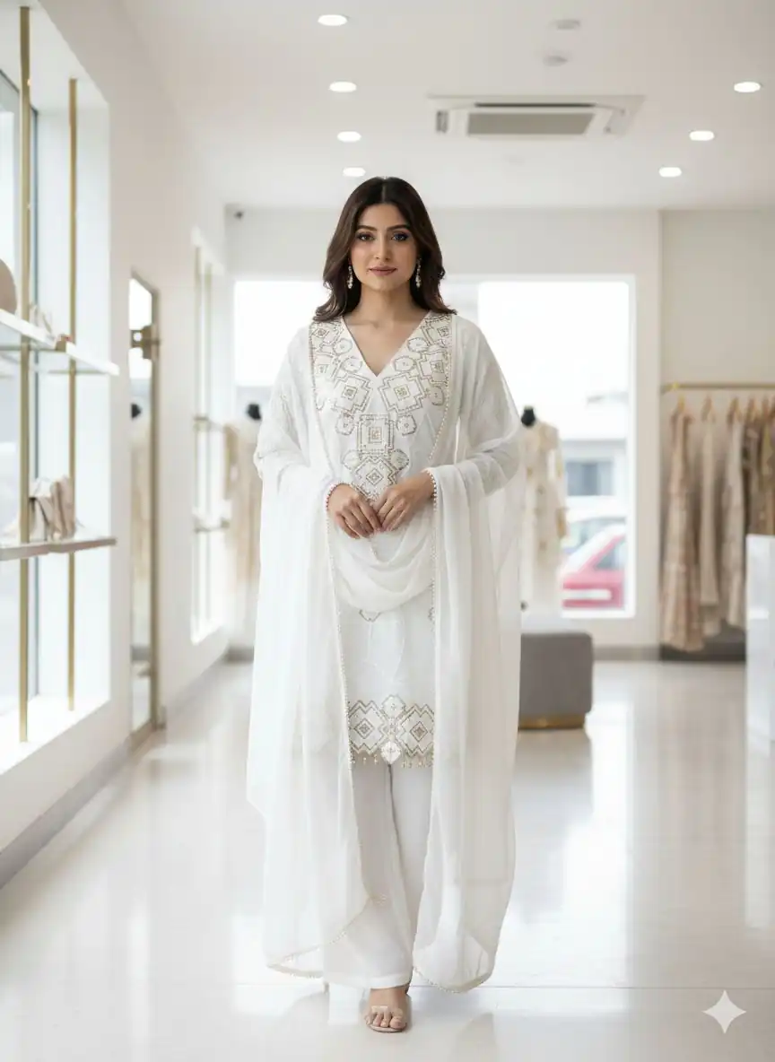 LG 2063 White Faux Georgette Salwar Suit with Sequins Work & Embroidery Work. Introductory Price ₹2149. Delivery 4-6 Working Days. Shop now. | Jump Suits, Salwar suit, Casual Suits, Creative suits, Designer Suits, Palazzo Suits, Party Wear Suits, Patiala Suits, Straight Suits