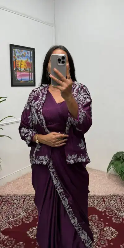 ST 1090 Wine Color Chinon Saree with Embroidery Work & Lace Work. Now at just ₹2099. Delivery 4-6 Working Days. Shop now. | Sarees, Bollywood Sarees, Creative Sarees, Designer Sarees, Embroidered Sarees, Ethnic Saree, Modern Digital sarees, Party Wear Sarees