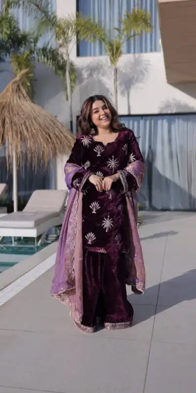 KA 1220 Wine Ice Velvet Salwar Suit with Embroidery Work & Zari Work. Exclusive Offer ₹2499. Delivery 4-6 Working Days. Shop now. | Jump Suits, Salwar suit, Casual Suits, Creative suits, Designer Suits, Palazzo Suits, Party Wear Suits, Patiala Suits, Straight Suits
