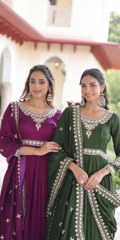 KA 1215 Wine Vichitra Silk Gown Perfect for Wedding, Party, Holi, Anniversary, Mehendi –. Grab it for ₹2449. Delivery 4-6 Working Days. Shop now. | Gowns, Bollywood Gowns, Creative Gowns, Designer Gowns, Embroidered Gowns, Party Wear Gowns