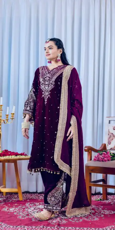 AD 134 Wine Color Heavy Pure Viscose Velvet Embroidery Sharara Suit Wedding, Party, Festive, Events Etc. Expected Delivery  4-6 Working Days @2099/- | Jump Suits, Salwar suit, Casual Suits, Creative suits, Designer Suits, Palazzo Suits, Party Wear Suits, Patiala Suits, Straight Suits