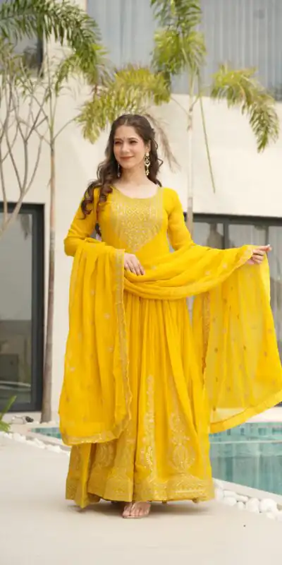 KA 1162 Yellow Faux Blooming Gown with Embroidery Work & Zari Work. Available at ₹2649 only. Delivery 4-6 Working Days. Shop now. | Gowns, Bollywood Gowns, Creative Gowns, Designer Gowns, Embroidered Gowns, Party Wear Gowns