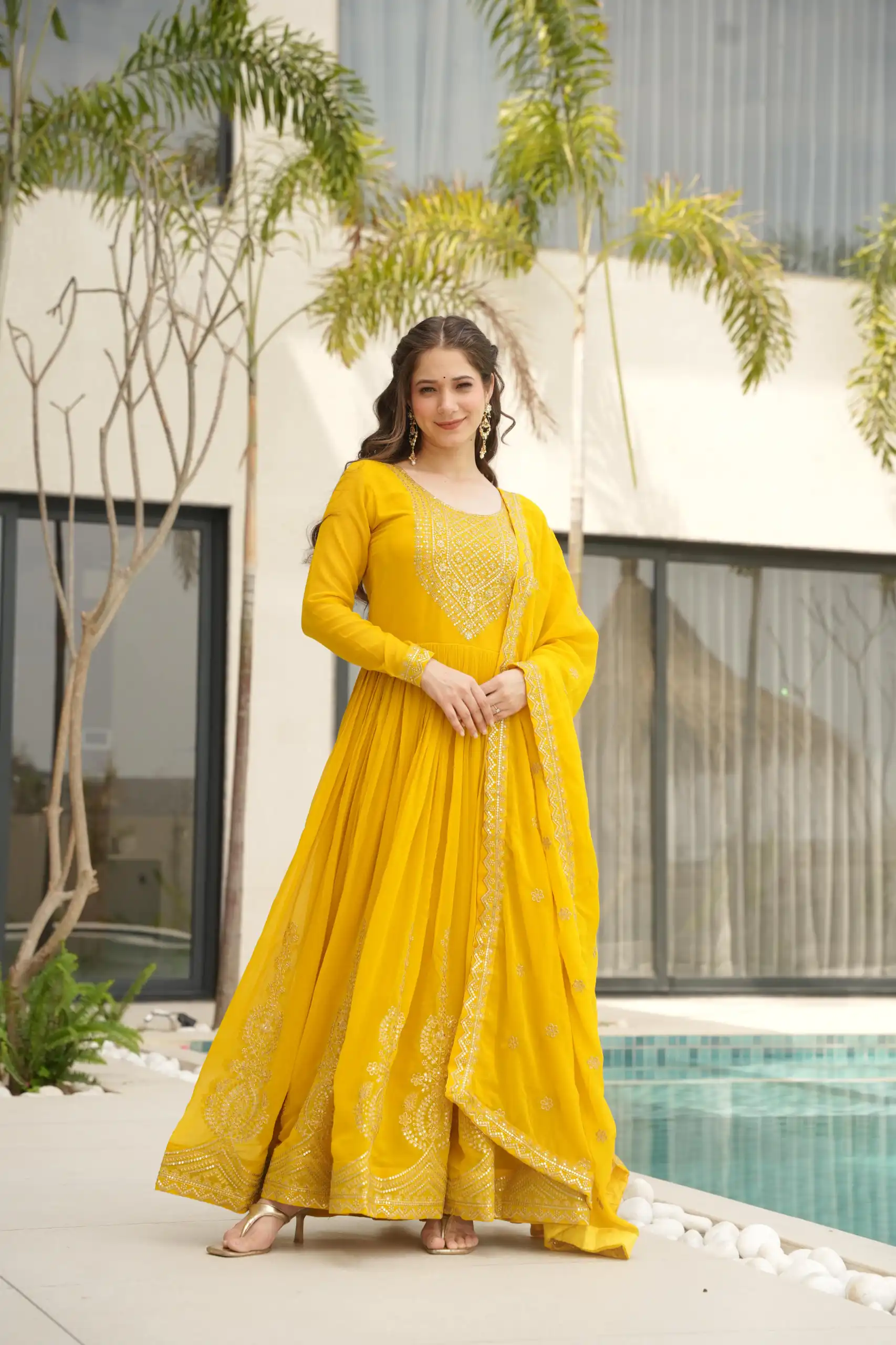 KA 1162 Yellow Faux Blooming Gown with Embroidery Work & Zari Work. Available at ₹2649 only. Delivery 4-6 Working Days. Shop now. | Gowns, Bollywood Gowns, Creative Gowns, Designer Gowns, Embroidered Gowns, Party Wear Gowns