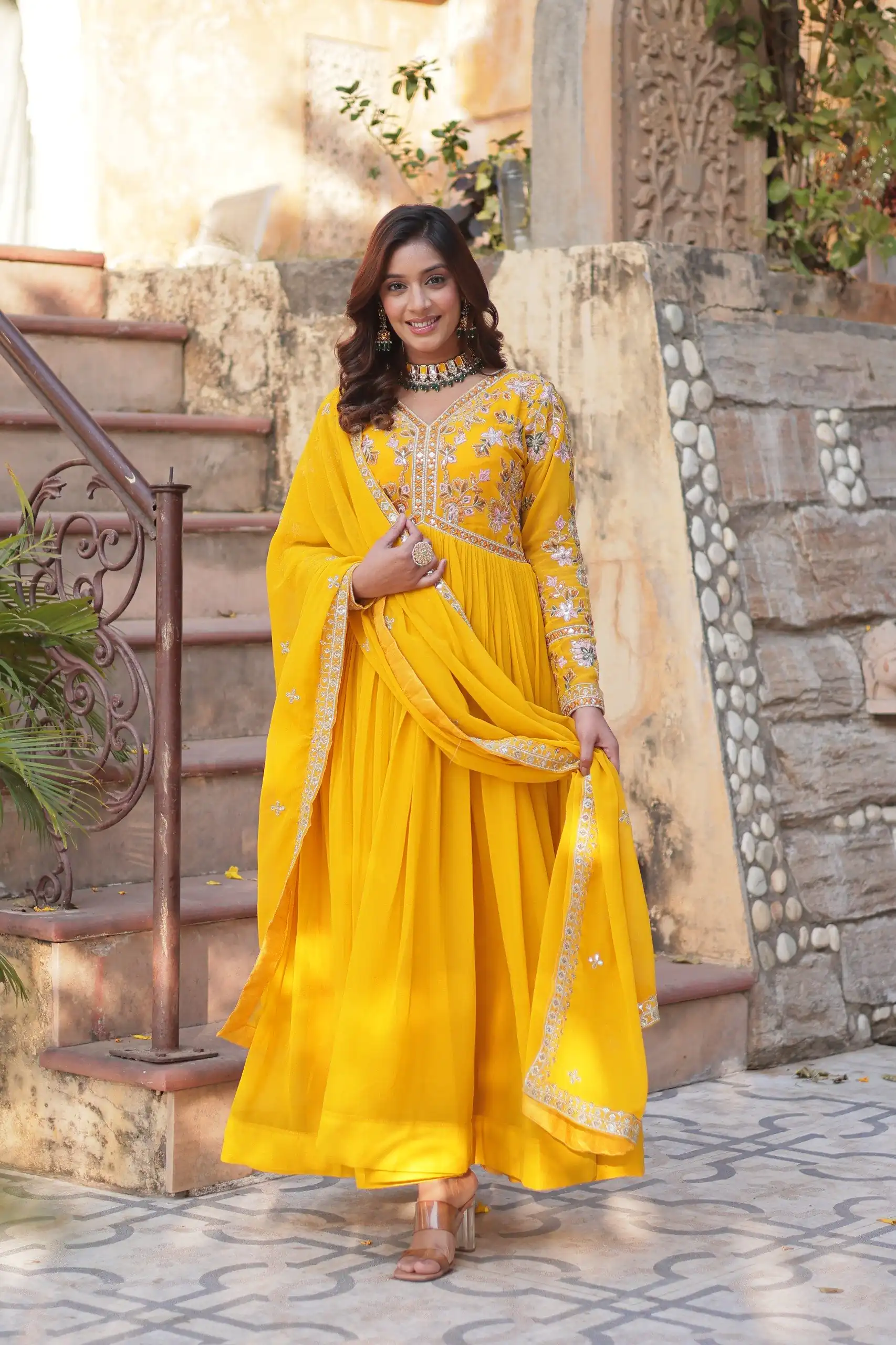 KA 1147 Yellow Faux Blooming Gown with Embroidery Work & Zari Work. Affordable Price ₹2049. Delivery 4-6 Working Days. Shop now. | Gowns, Bollywood Gowns, Creative Gowns, Designer Gowns, Embroidered Gowns, Party Wear Gowns