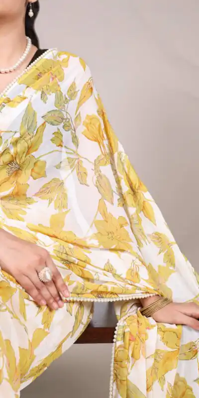 YNF 7006 Yellow Color Weightless Marble Floral Print Pearl Lace Border Saree , Wedding, Festive, Events . Expected Delivery 4-6 Working Days @1599/- only | Sarees, Bollywood Sarees, Creative Sarees, Designer Sarees, Embroidered Sarees, Ethnic Saree, Modern Digital sarees, Party Wear Sarees