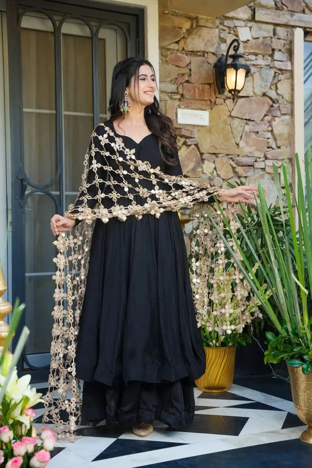 Classic Black Roman Silk Net Mirror Dupatta Gown